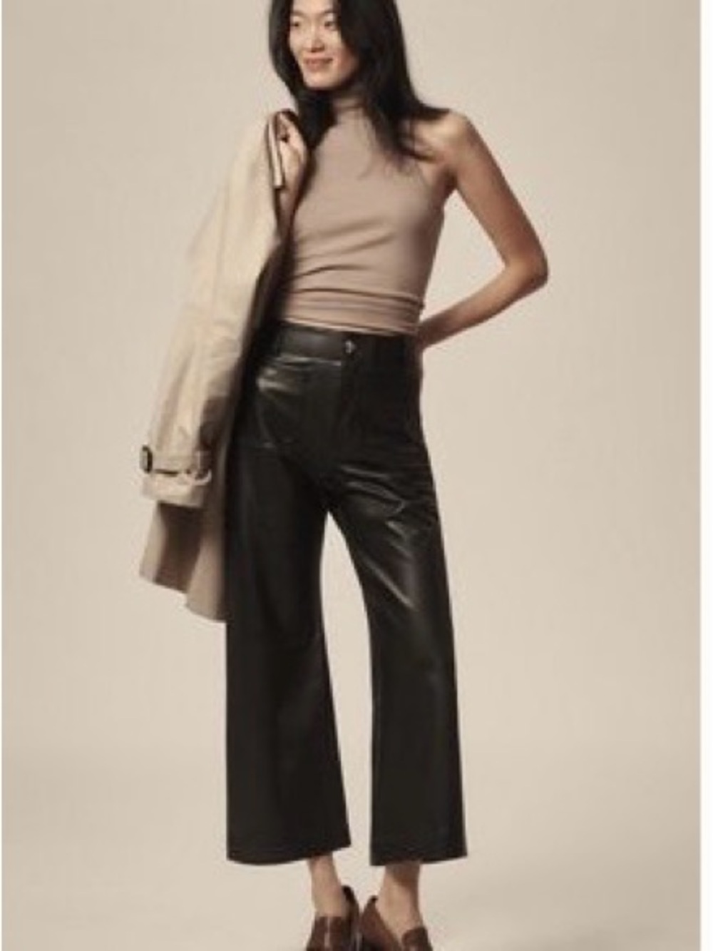 Maeve Faux Black Leather Wide-Leg Crop Pants